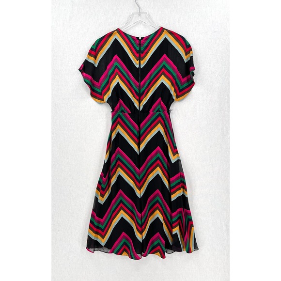 ALICE + OLIVIA Midi Dress Womens 2 Black Rainbow Multi Chevron Burnout Tie Waist - Picture 8 of 16
